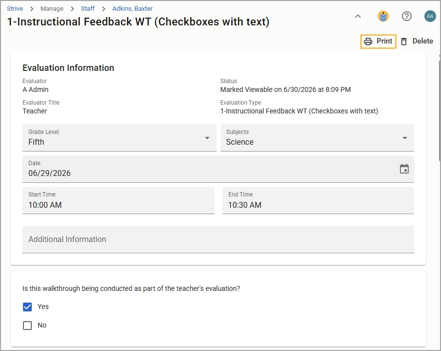 Evaluation information for a teacher's instructional feedback walkthrough in science class.